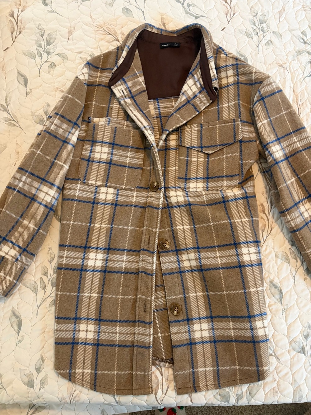 Women's Plaid Button-Front Shaket in Taupe and Blue